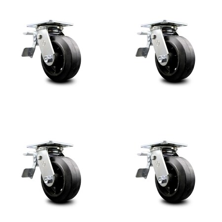 Service Caster 5 Inch Rubber on Steel Caster Set with Roller Bearing and Total Lock Brake SCC SCC-TTL30S520-RSR-4